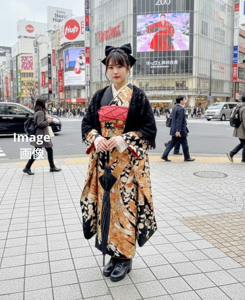 409黒しつけ付　束熨斗　落款　　正絹8点振袖フルセット成人卒業結婚式