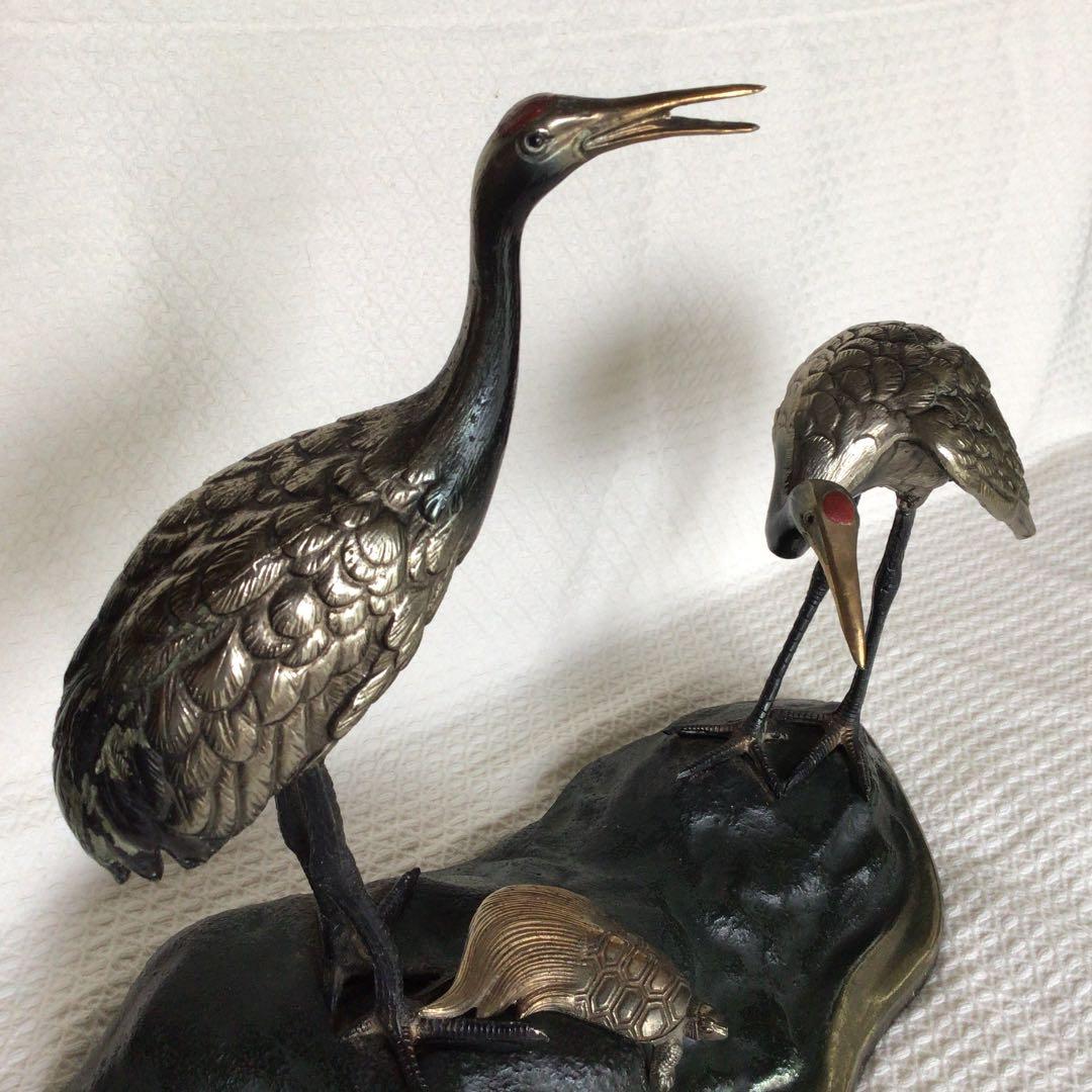[美品]鶴亀置物　骨董品　縁起物　岩上に鶴亀　古銅色分け青銅　美術工芸品高岡銅器
