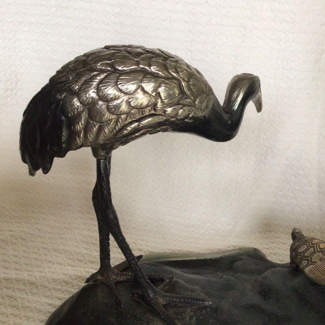 [美品]鶴亀置物　骨董品　縁起物　岩上に鶴亀　古銅色分け青銅　美術工芸品高岡銅器