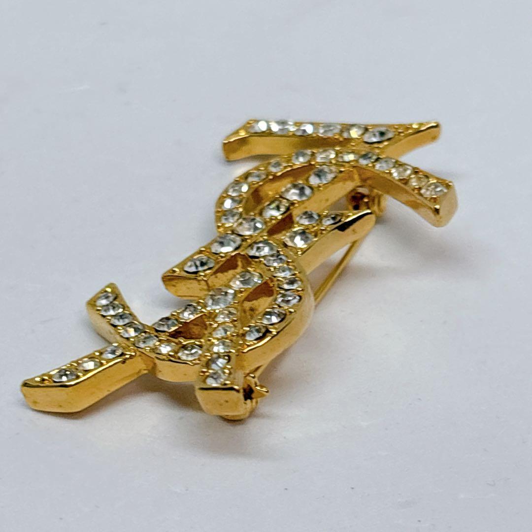 YSL イヴサンローラン ゴールド ラインストーン ロゴ ブローチ