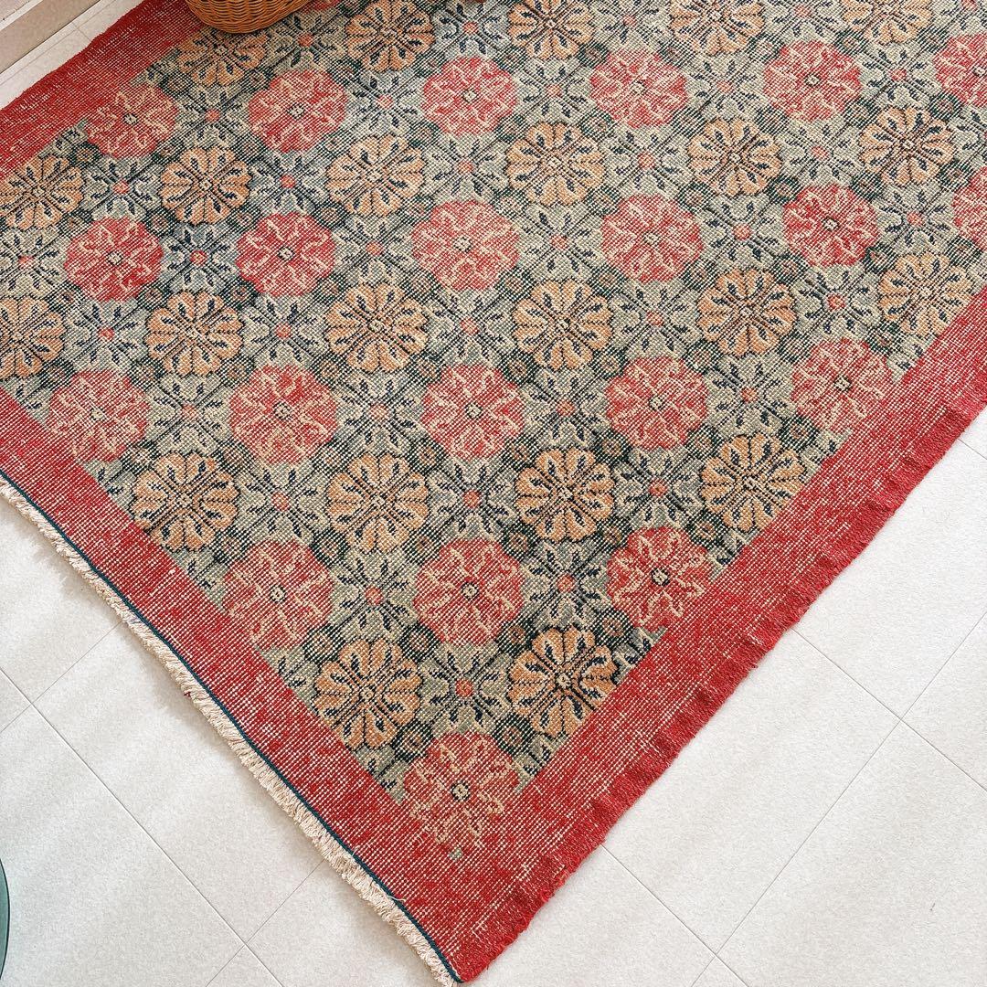 トルコ　ヴィンテージラグ　ピンク　グリーン