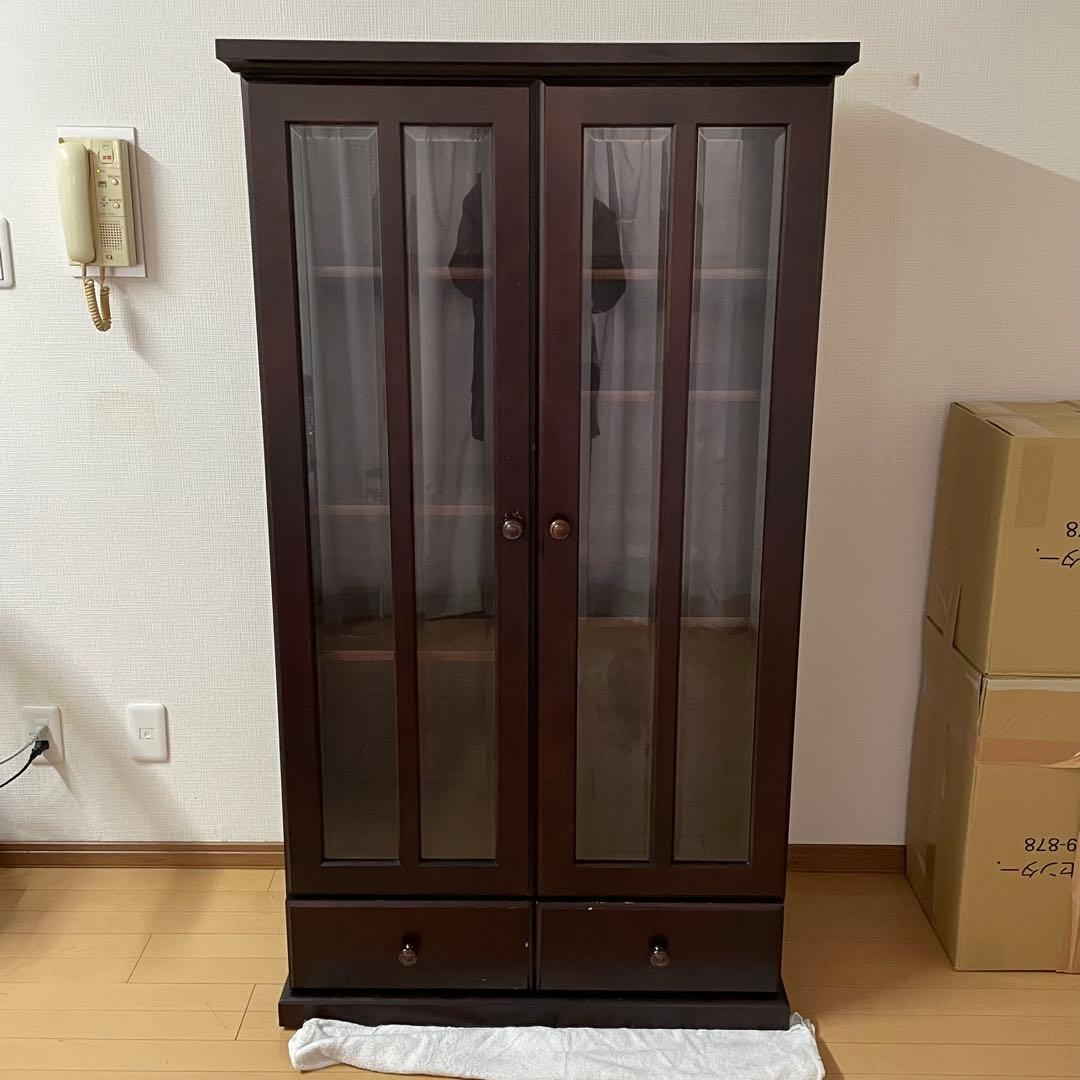 本棚 木製 ガラス扉付き キャビネット　84×42×150cmダークブラウン