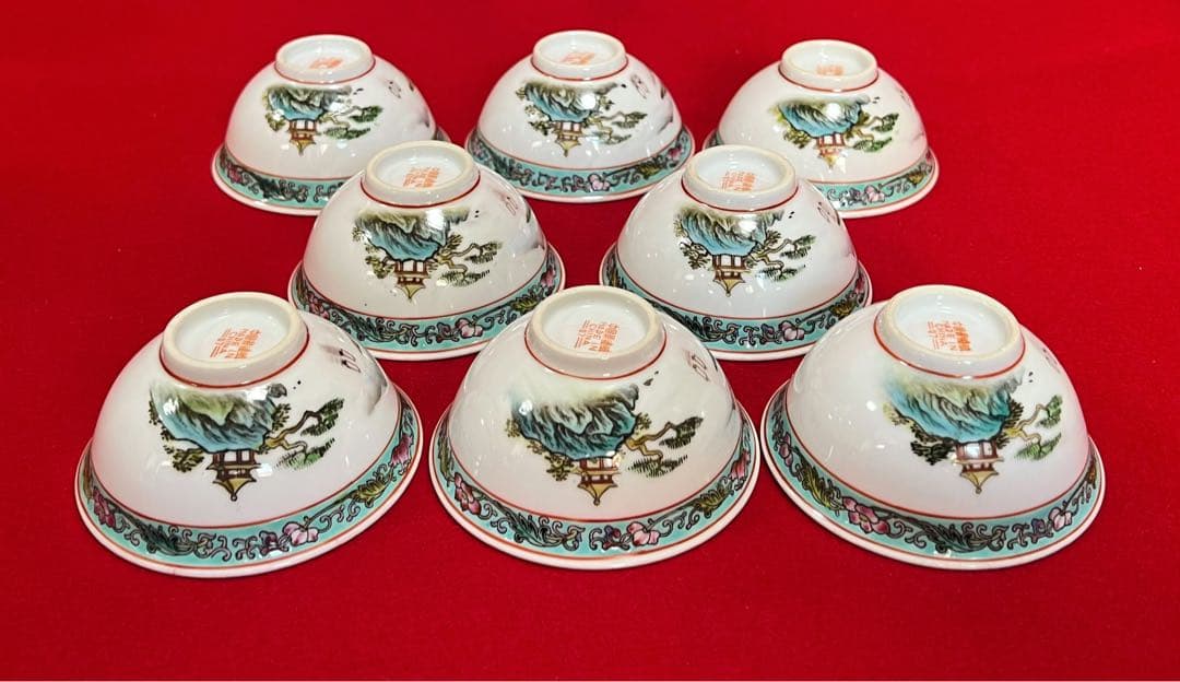 中国美術 茶道具 煎茶碗 茶碗 茶器 中国景德鎮製 山水風景 亭台樓閣 八客