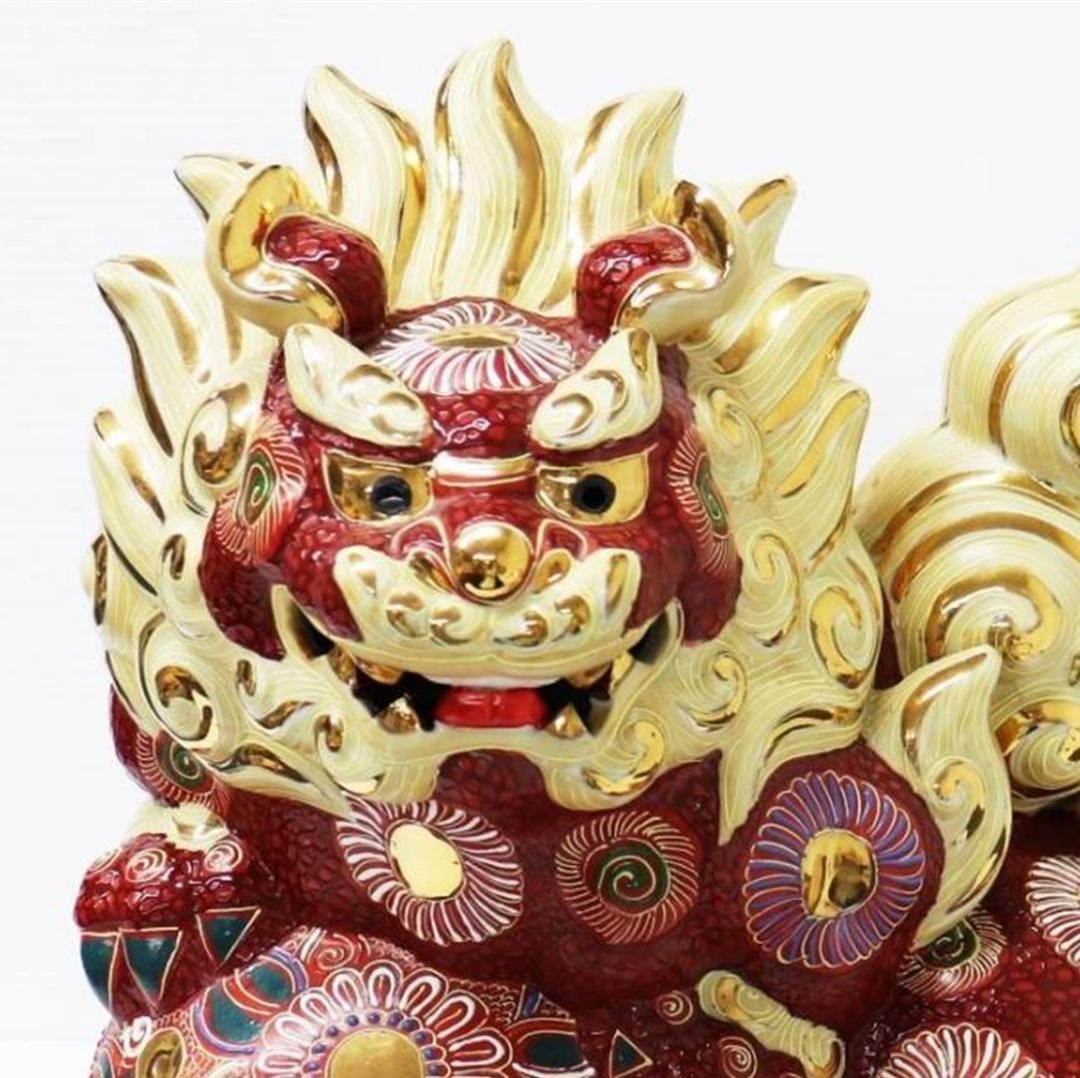 九谷焼 玉乗り獅子 双仙銘 開運 縁起置物 高さ約36cm 良好品 K6s147