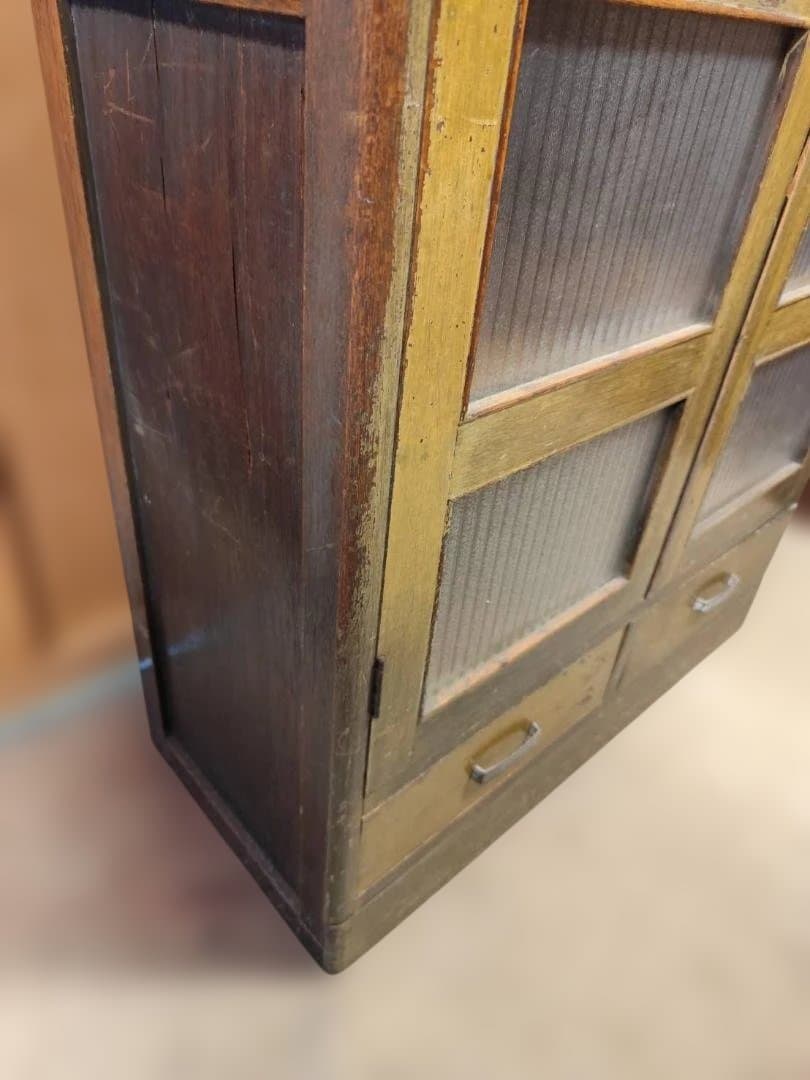 訳あり 昭和レトロ キャビネット モールガラス 収納棚 本棚 修復あり