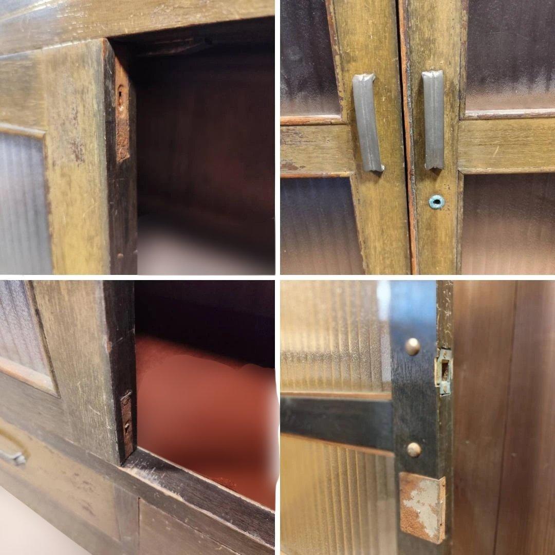 訳あり 昭和レトロ キャビネット モールガラス 収納棚 本棚 修復あり