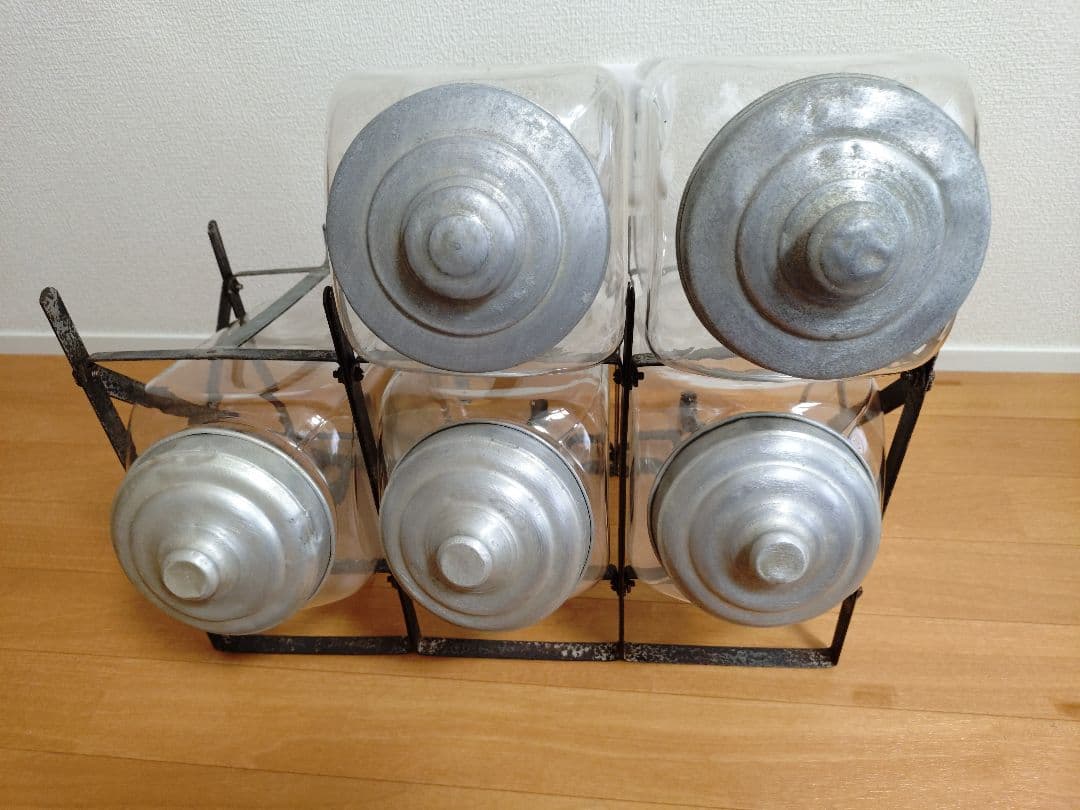 昭和レトロ　ガラス瓶お菓子入れ　小物入れ　アンティーク　ビンテージ　架台付　レア