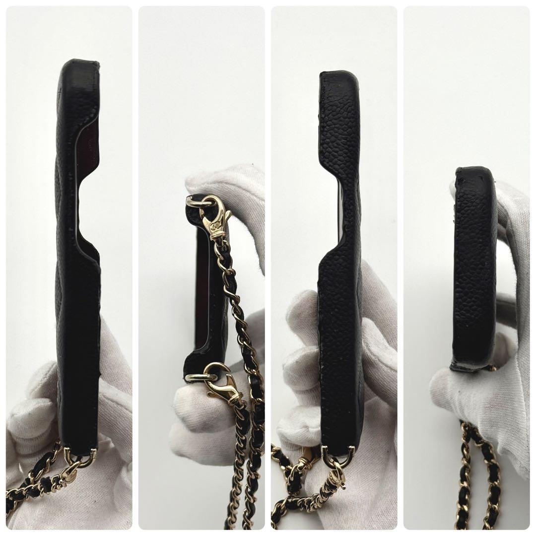 CHANEL キャビアスキン iPhone 15 Pro ケース レザーチェーン