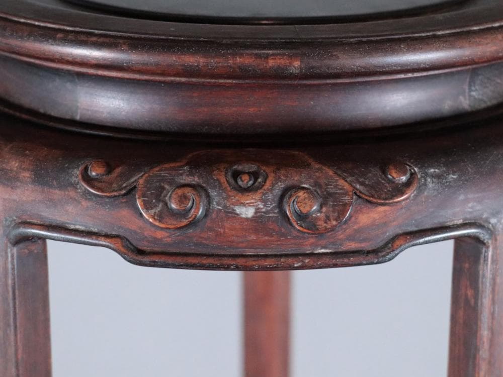 【木】　★ 家具 黄花梨減地彫如意雲圓幾 ★　清朝期　天然木 彫刻文様　明清家具