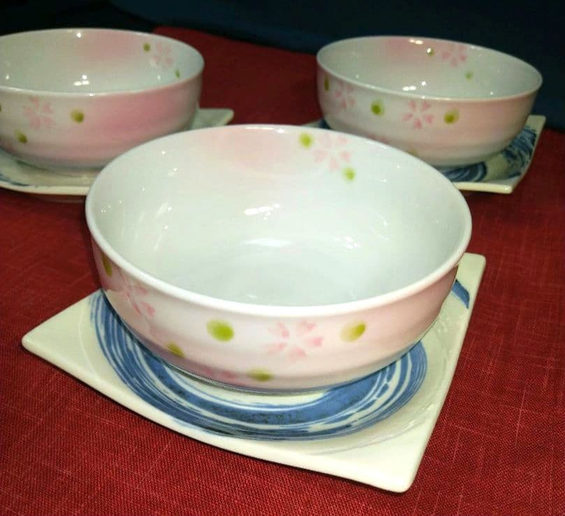 ♣オリジナルＷ・２種類♠一峰桜中皿♠嵐窯・渦巻青刷毛四角白ウェーブ平皿♦４セット