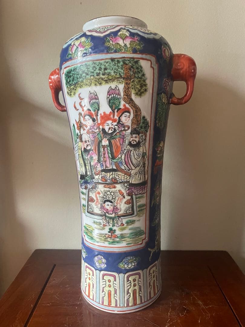 中国武神の図が描かれた双耳付きの人物花瓶 大清同治年製古董品 美術品