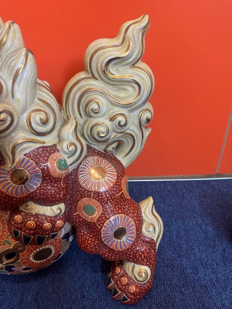 1903 九谷焼 太吉　特大　38cm  玉乗り獅子 狛犬 置物 縁起物
