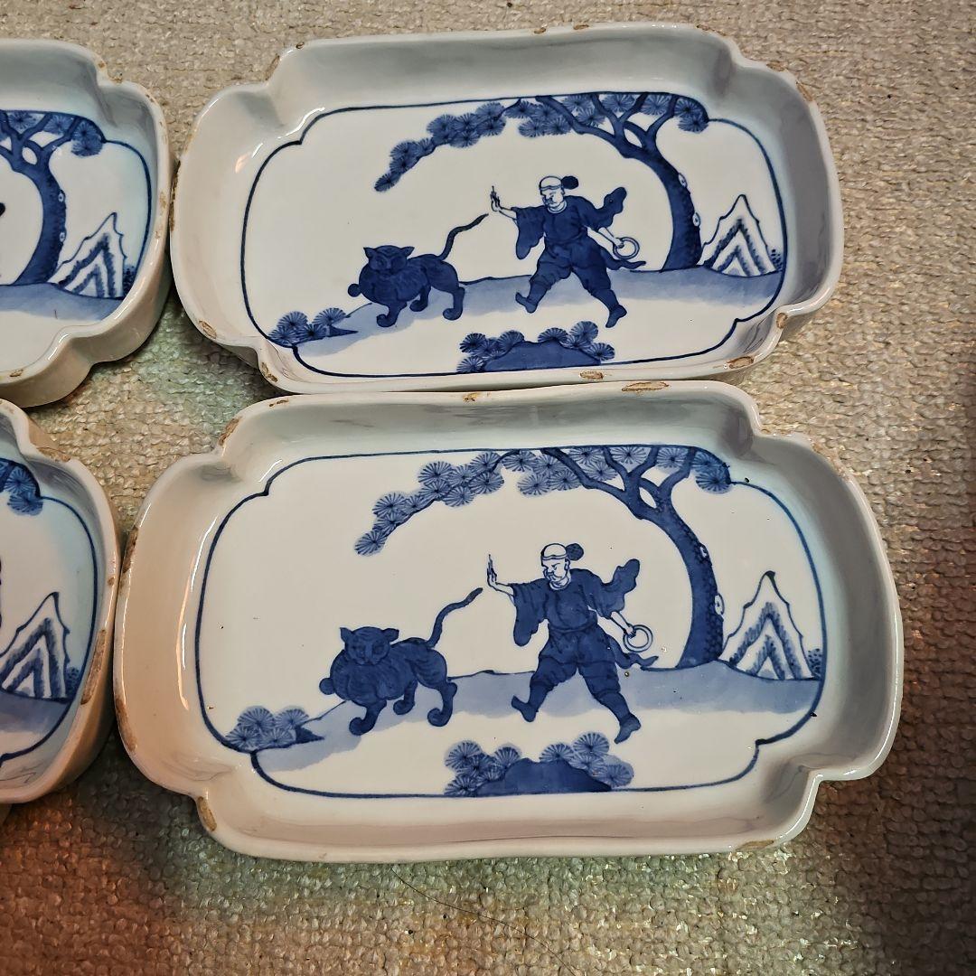 明治 古伊万里？ 京焼？ 古染付け写し 懐石用 虎に人 5客セット＋4客合計9客