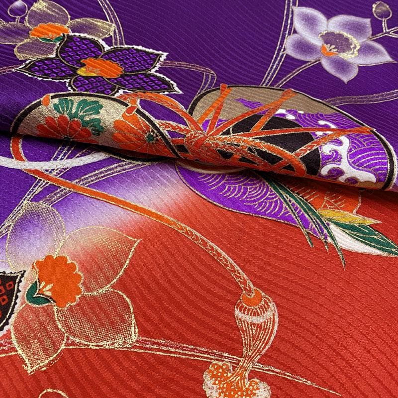 411ag80◎七五三 七歳 女児 着物&袋帯&長襦袢 古典柄 鼓鴛鴦花 紫◎