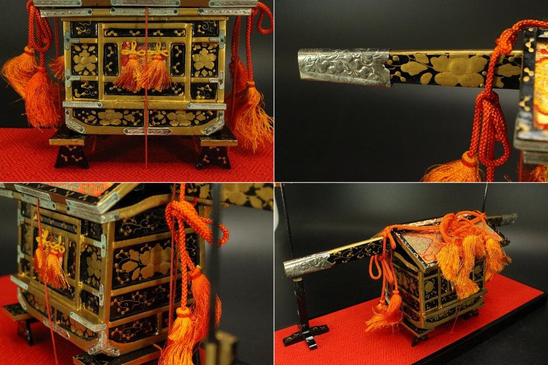 古い ミニチュア 雛道具 木製 蒔絵 牛車 駕籠 セット(ZE360)