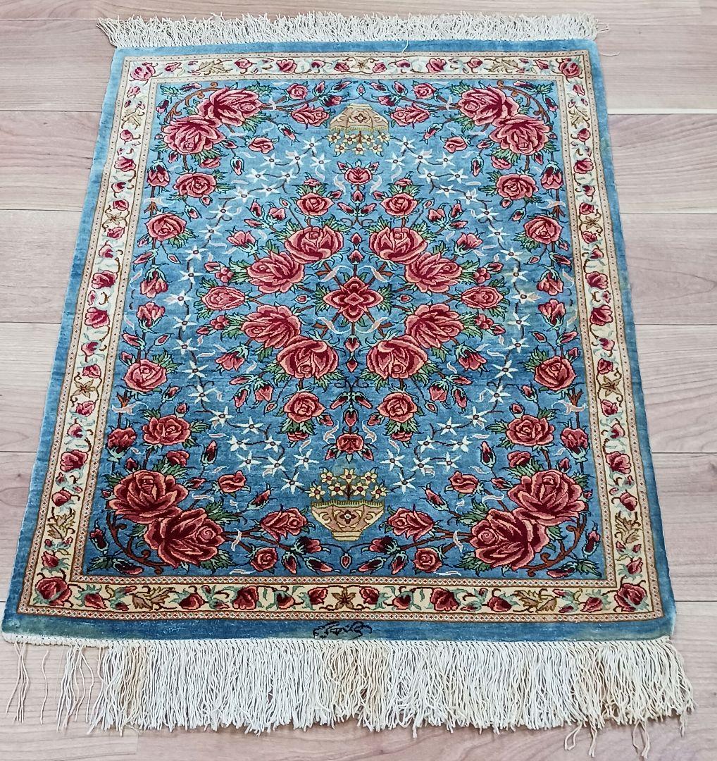 Y3321 ペルシャ絨毯 クム産 工房サイン有 シルク100％ 100万ノット