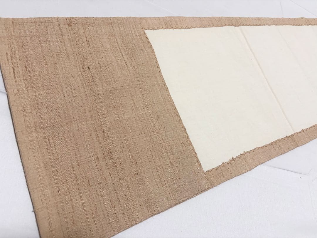 B5 蝶に花模様 絞り 薄茶色系 紬 正絹 太鼓柄 開き名古屋帯 シャレ帯