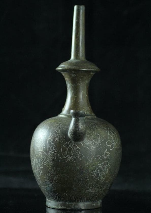 【国宝級】高麗李朝 青銅製銀象嵌 蓮華唐草紋浄瓶 検）新羅仏 仏像 統一新羅