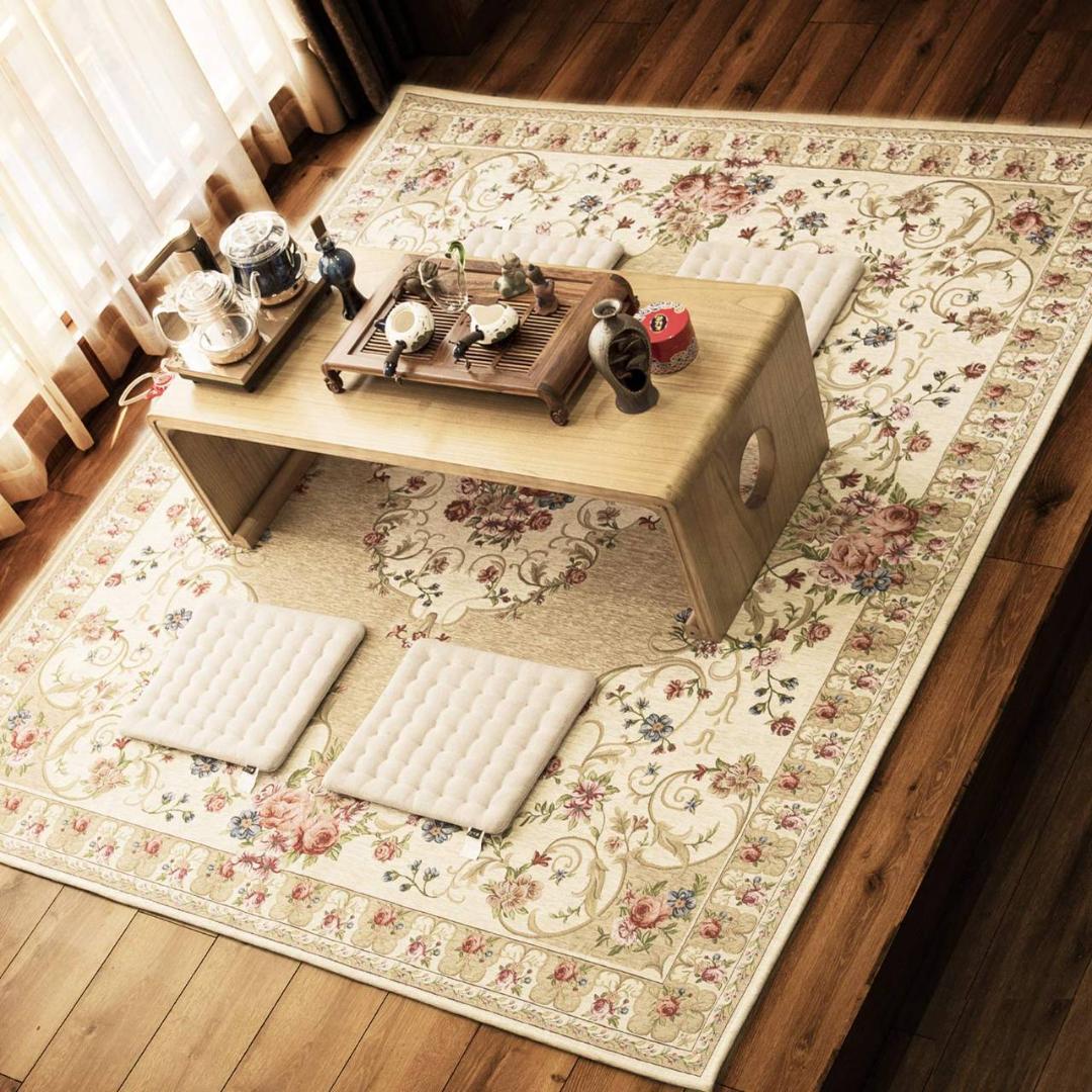 上品ローズ柄ラグマット オールシーズンOK シェニール糸