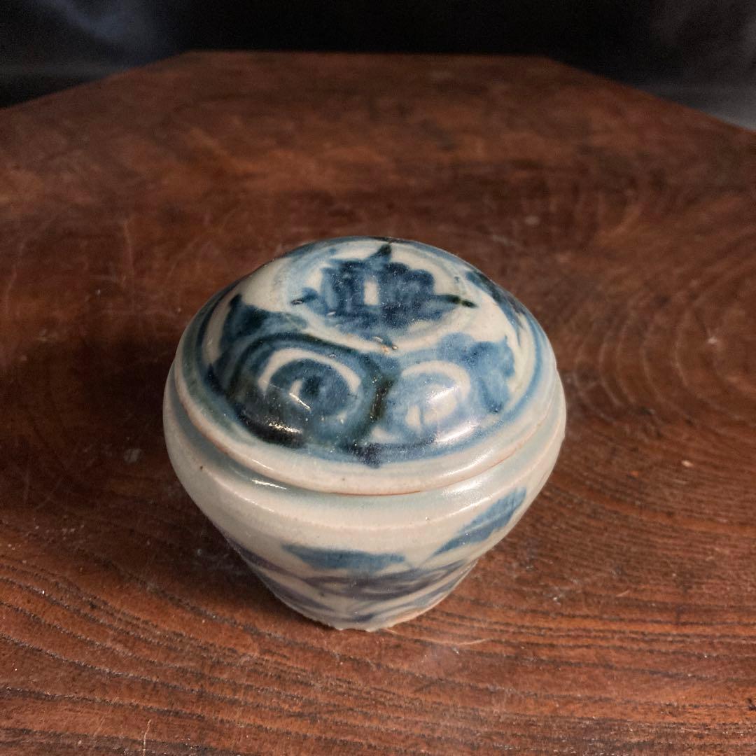 赤札閉店セール❗️【ギャラリー三益】古美術　元〜明初染付　芙蓉紋共蓋小壺