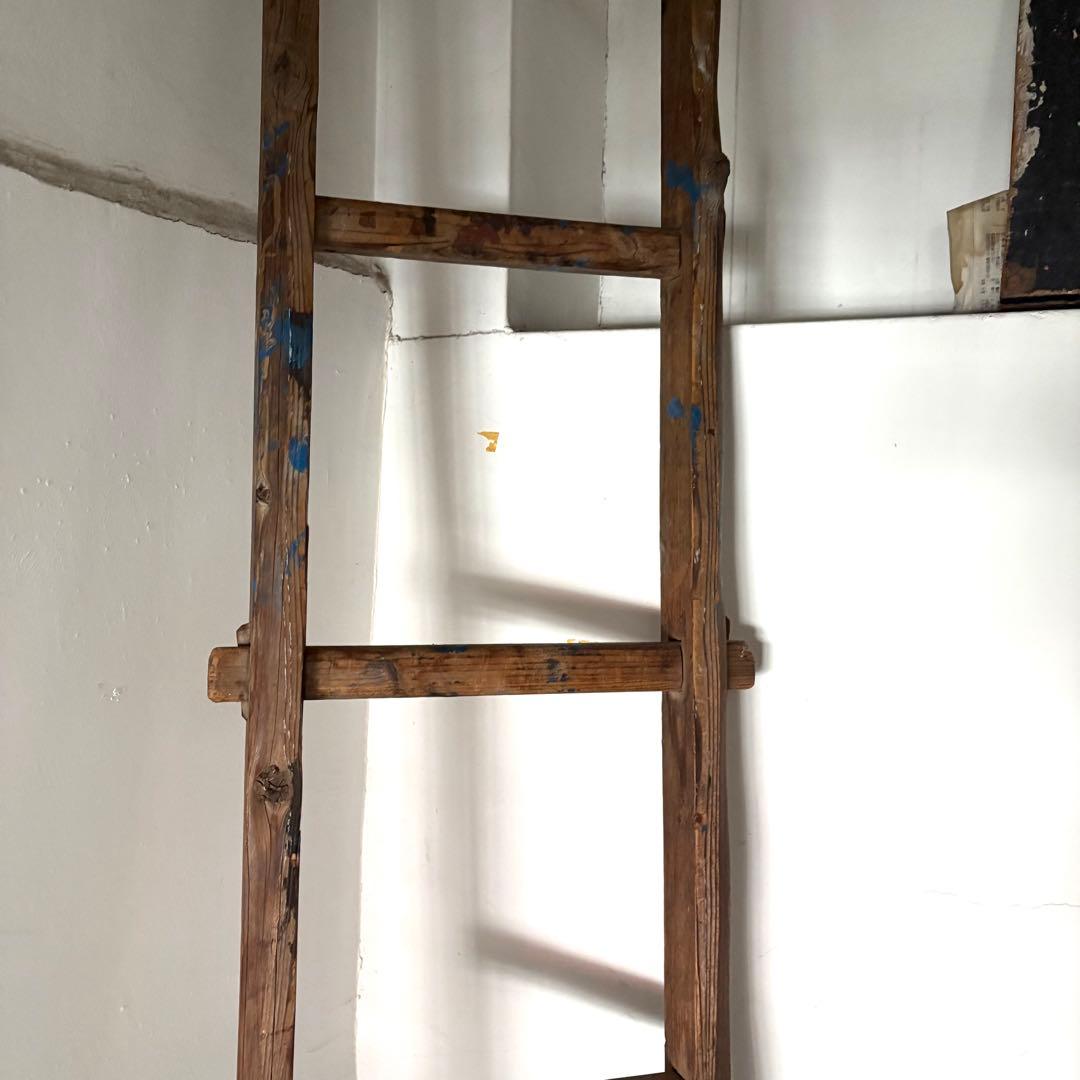 引き取り限定 昭和 レトロ 木製 古い長い梯子 ハシゴ グリーン ハンギング