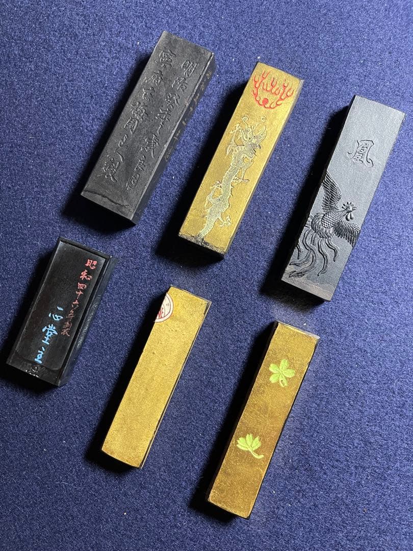 【墨研】銘古墨◆古梅園・呉竹 銘墨6点まとめて◆使用品◆古墨 文房四宝 書道具