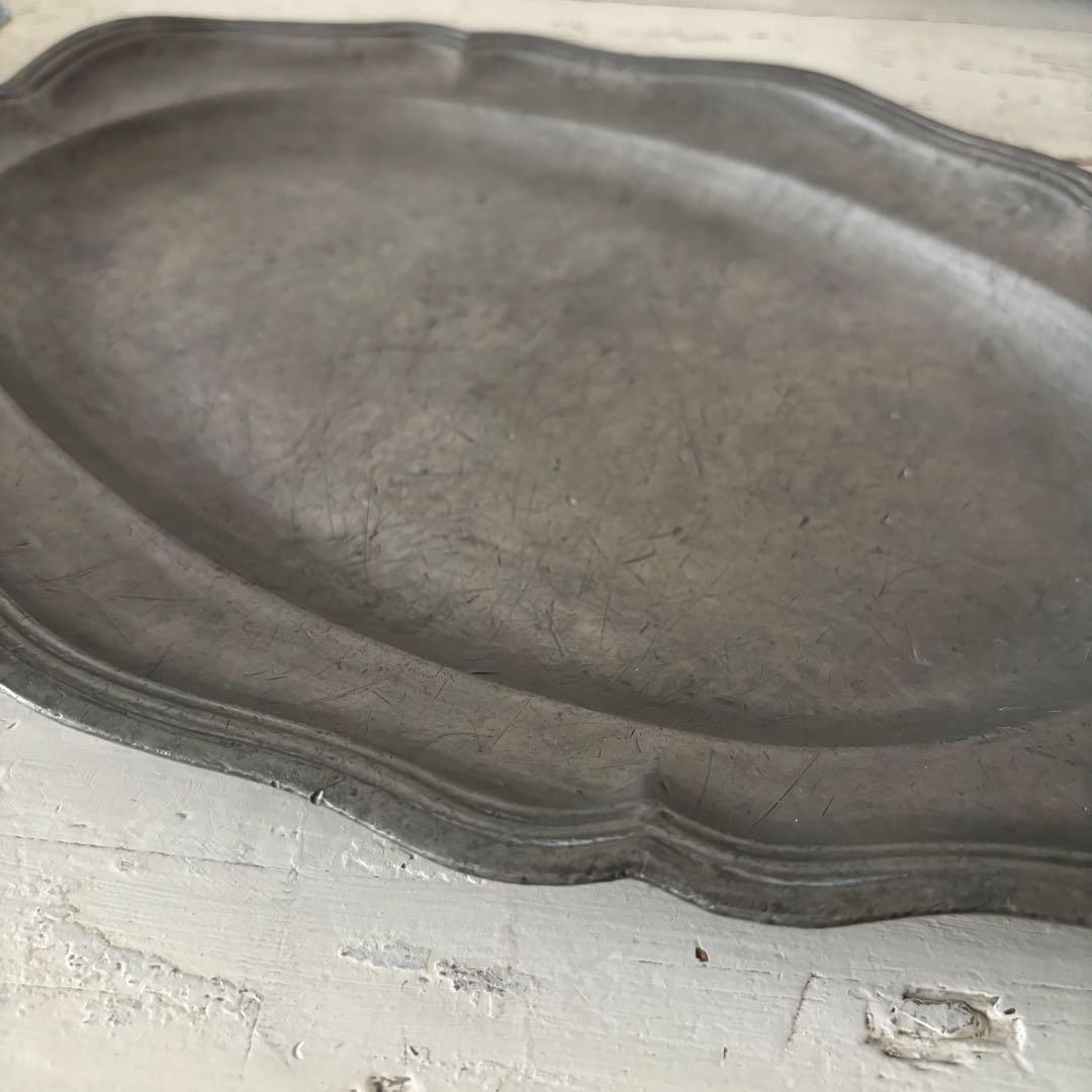 アンティーク ピューターオーバルプレート フランス 花リム