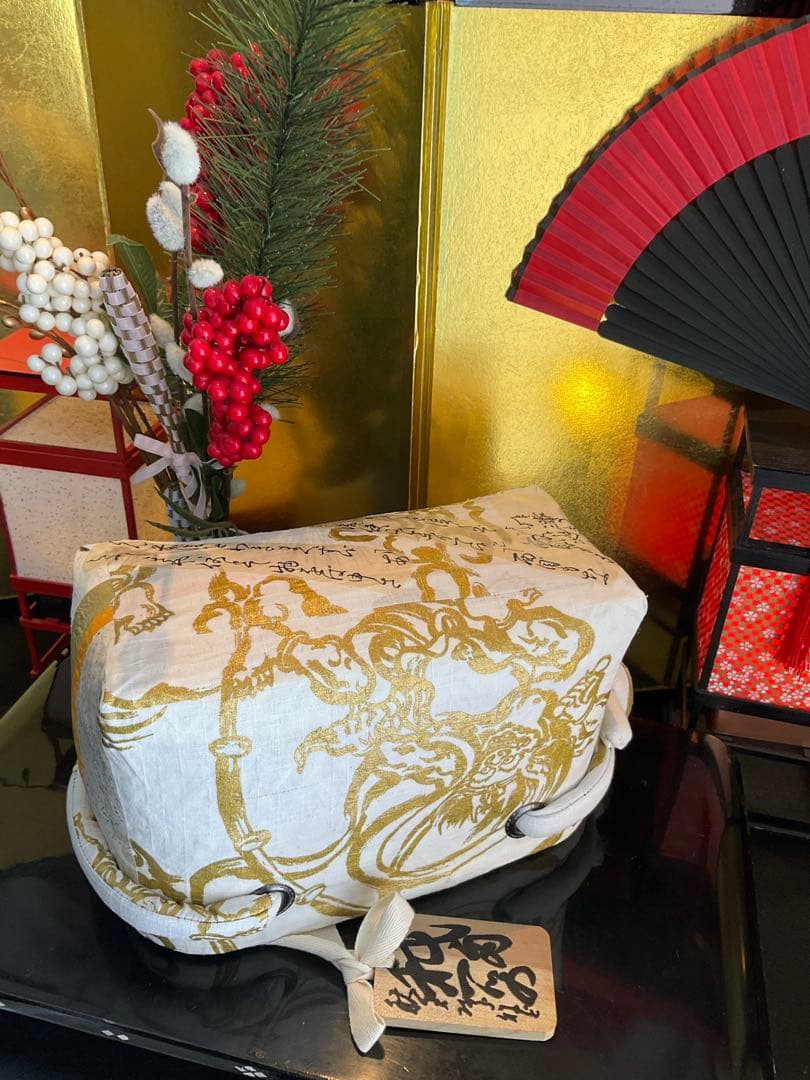 一閑張り　一閑張りバッグ　風神雷神　古文書　和紙　竹籠　籠バッグ　着物　金銀　白