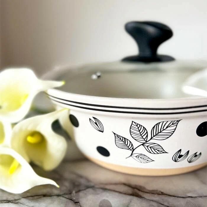 【名入れ無料】ガラス蓋　両手鍋　ホワイト20cm 24cm 卓上鍋　ドット柄