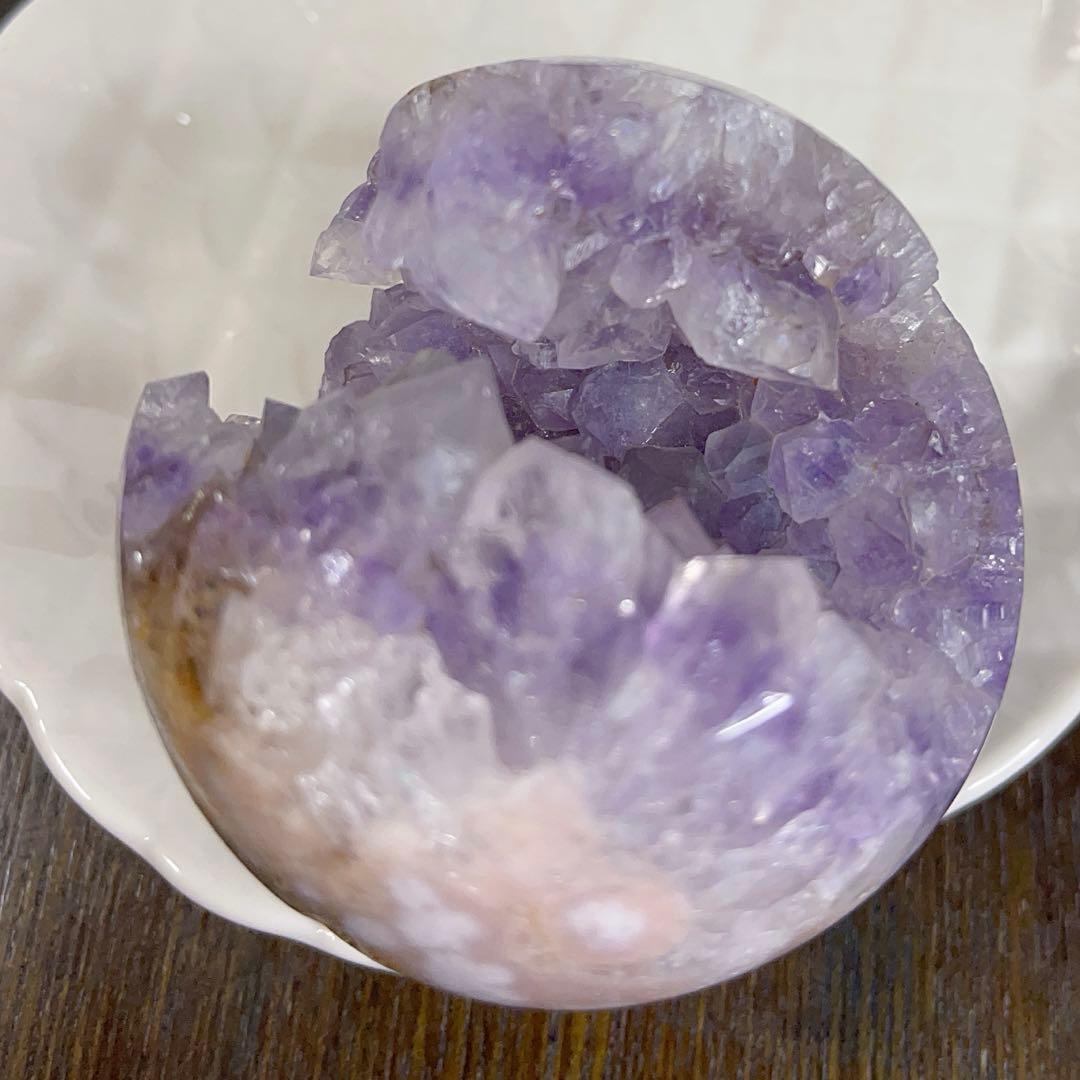 大! 天然石 ジオード アゲート ピンクアメジスト 共生 スフィア パープル