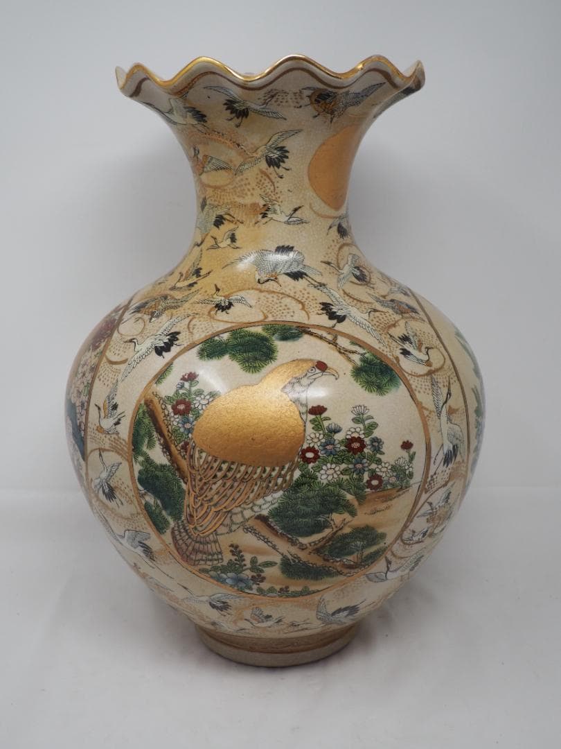 色絵金襴手花鳥群鶴文壺﻿　栄盛窯　瀧山作　ツル　花瓶　-SO