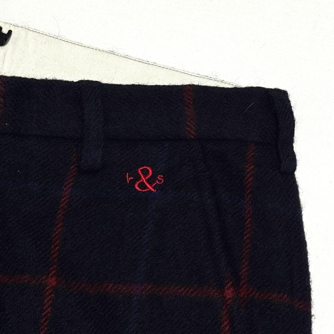 良好 ラフアンドスウェル ウールチェックパンツ ネイビー赤 防寒高級感漂う大人気