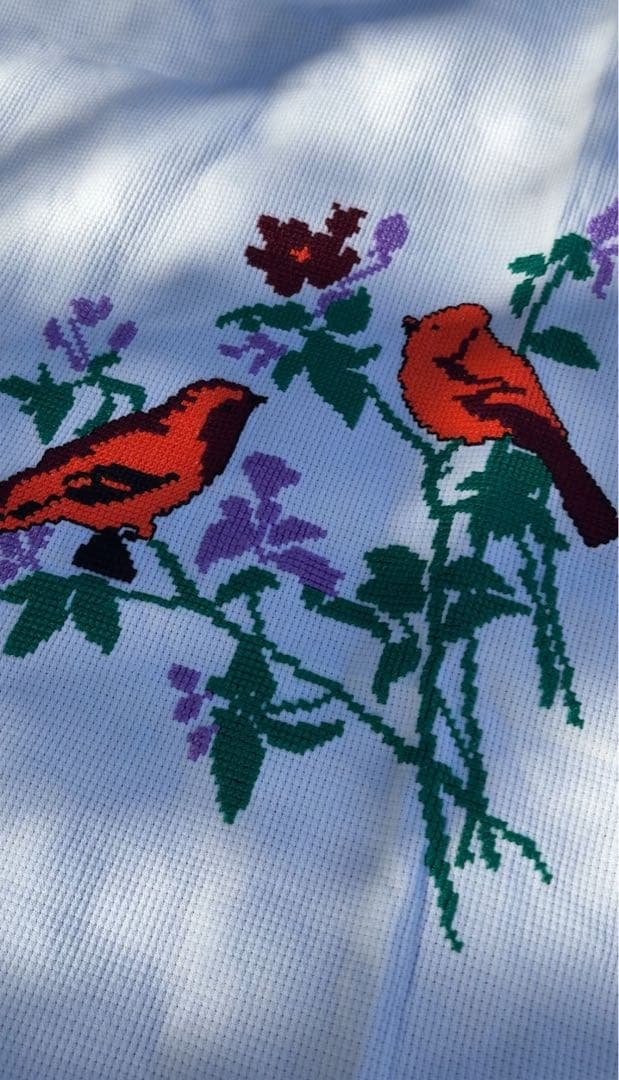 ヴィンテージ　テーブルクロス　クロススティッチ　鳥