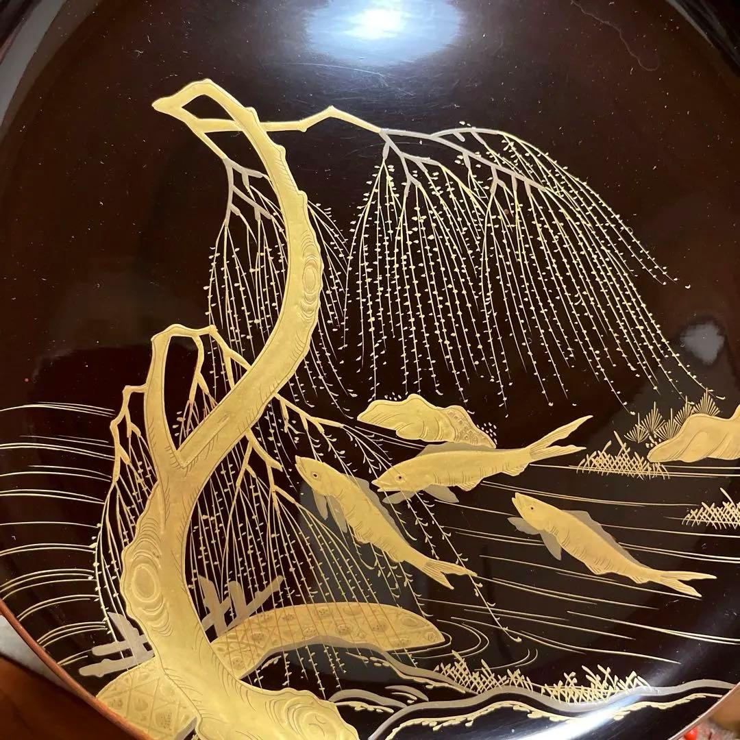 A1036 木製輪島塗　柳に鮎　金縁　蒔絵　高月　高杯　　1基（供箱付）