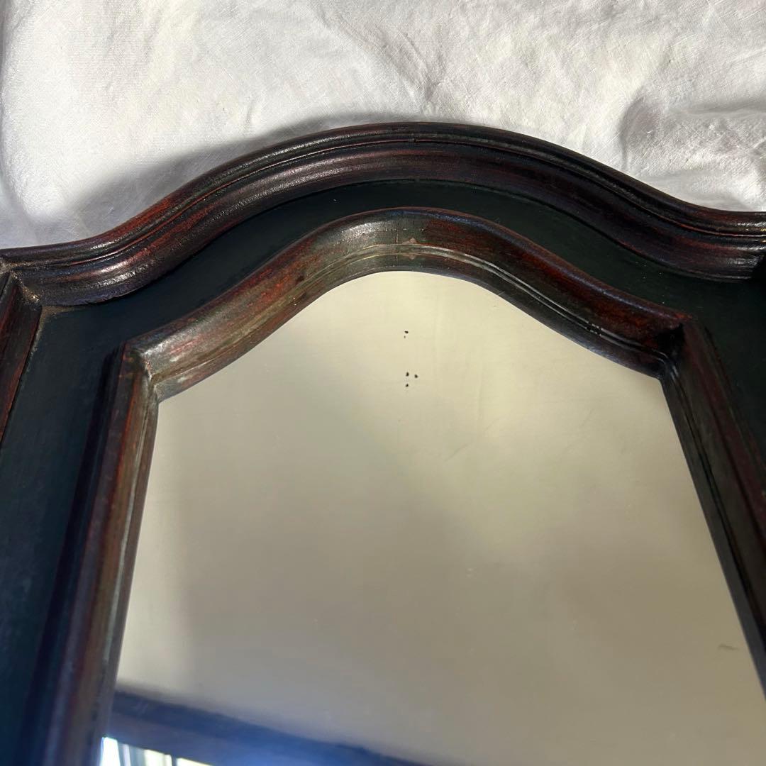 フランスアンティーク　ウォールミラー　鏡　壁掛アーチ　ダークグリーン