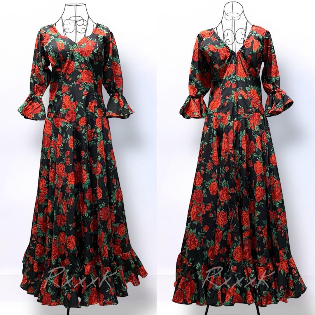 アトリエ貴美恵 フラメンコ 衣装 ドレス ワンピース 花柄 バラ 黒