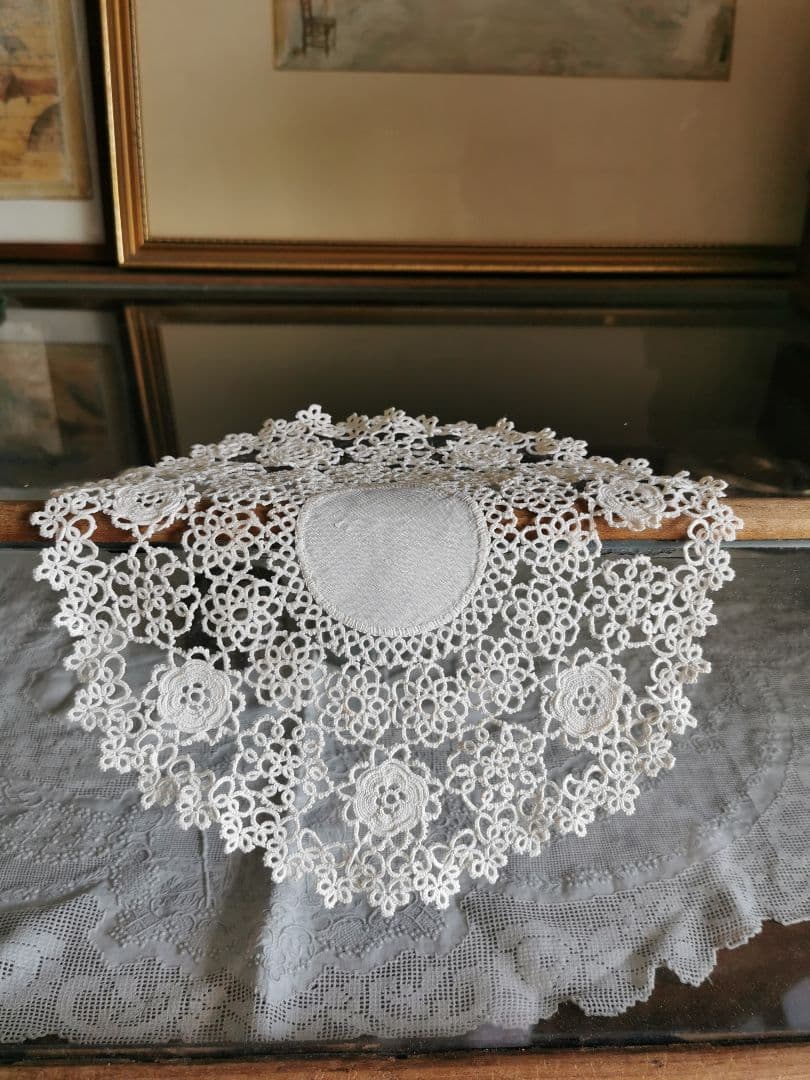 アンティーク アイリッシュリネン クロシェ編み花モチーフ ドイリー タティング風