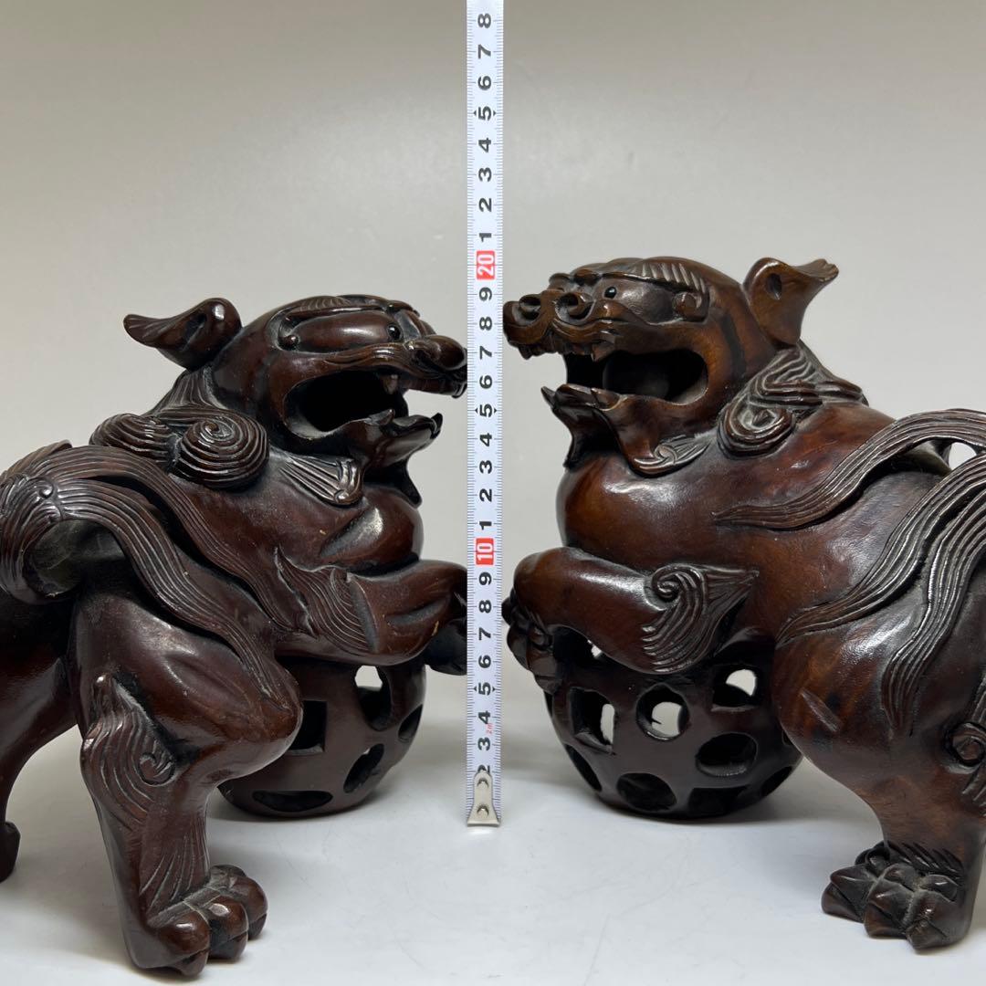 木彫 大振獅子 一対 1757g 東キ7-1218①