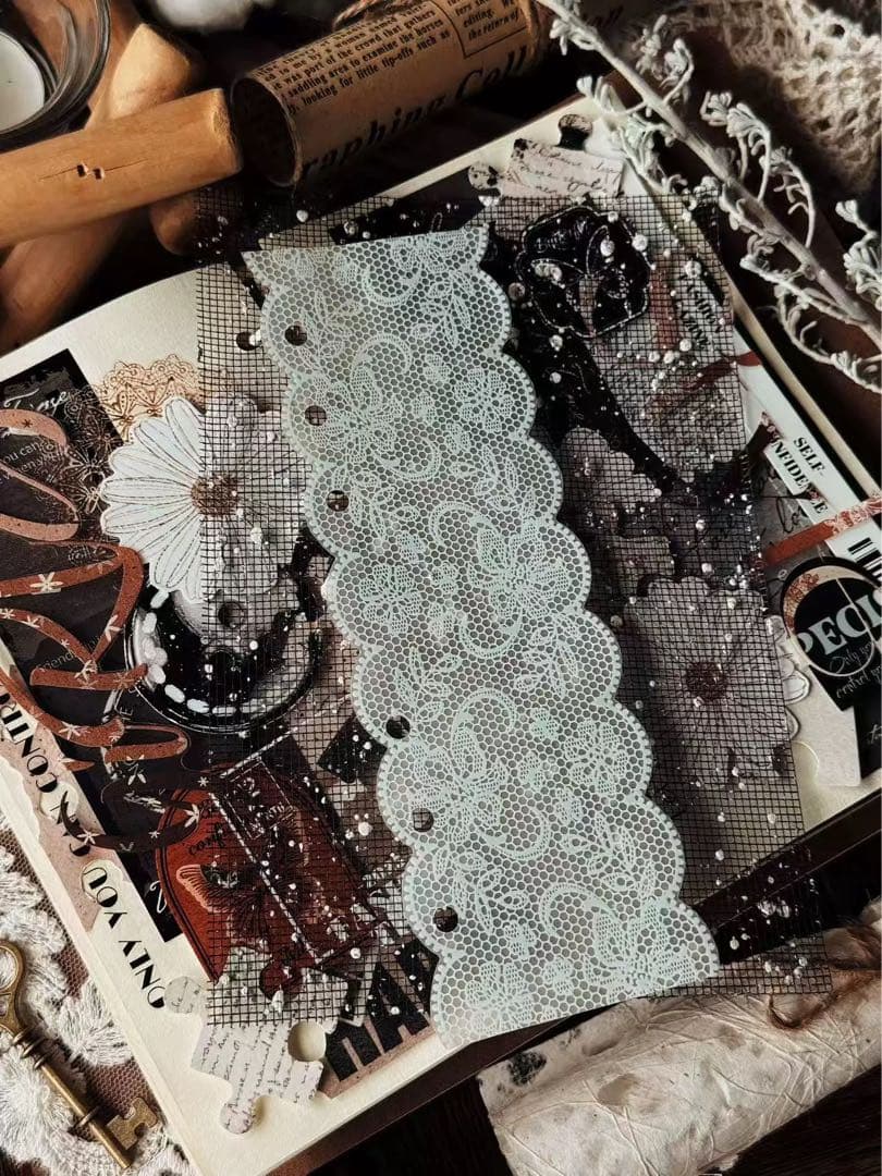 霖蓝汐原创手账《黑白蕾丝背景》海外マスキングテープ　マステ 【2648】