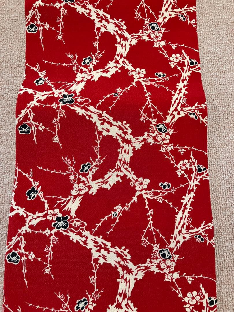 ③ 浦野理一　ちりめん　名古屋帯　赤に梅