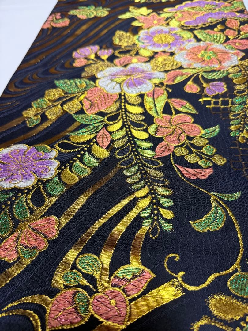 高級 袋帯 正絹 六通柄 辻が花 ブラック ゴールド 振袖 訪問着 色無地