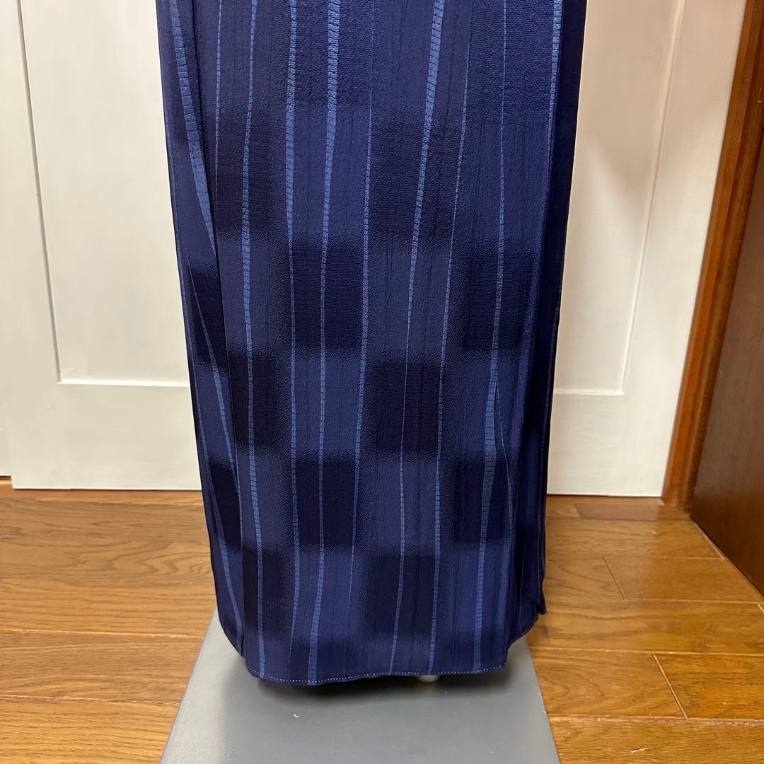 も*由様 小紋　袷　正絹　紺　よろけ縞　変わり市松　身丈171裄72 トールサイ