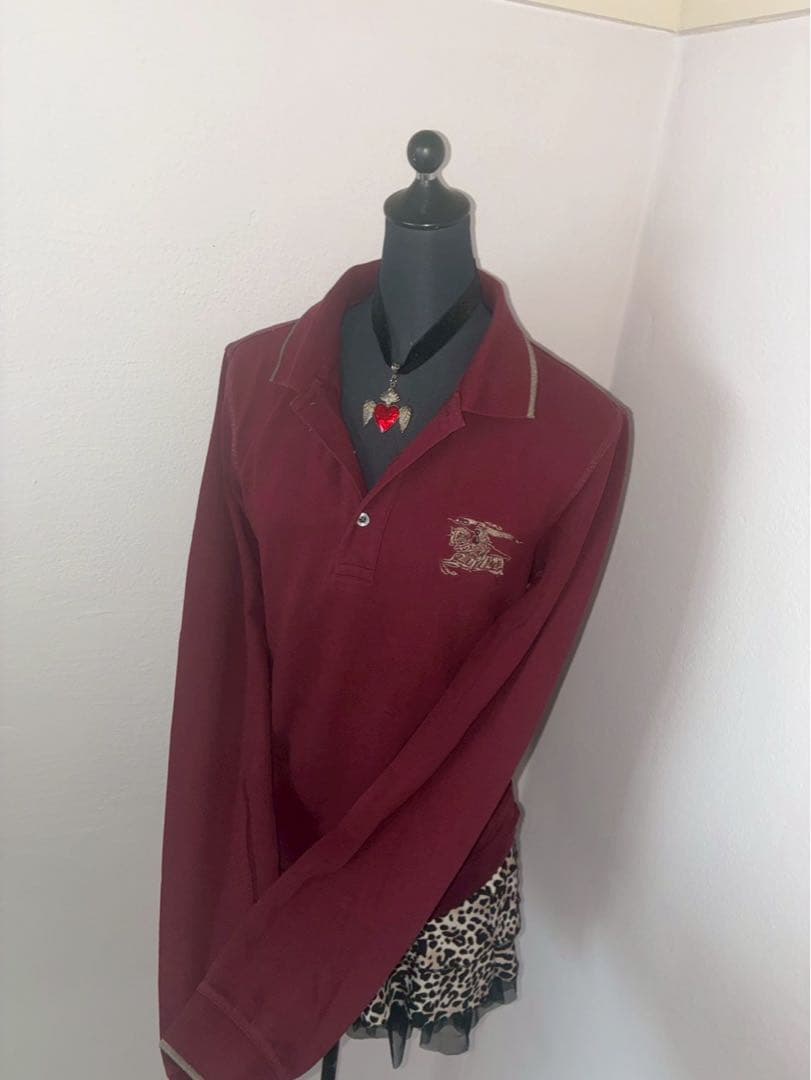 希少Burberryビッグポニー刺繍　y2k平成ギャル英字ボタンぴちポロ　リブ