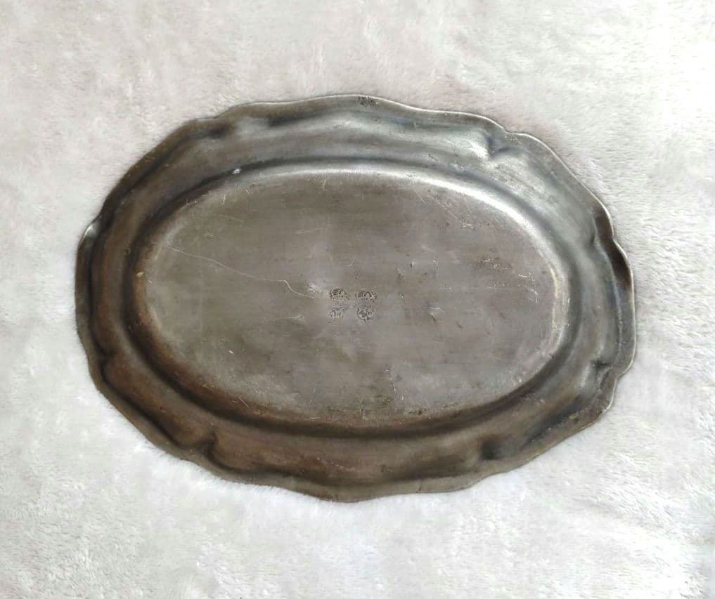 フランスアンティーク 花リム ピューター皿 オーバル