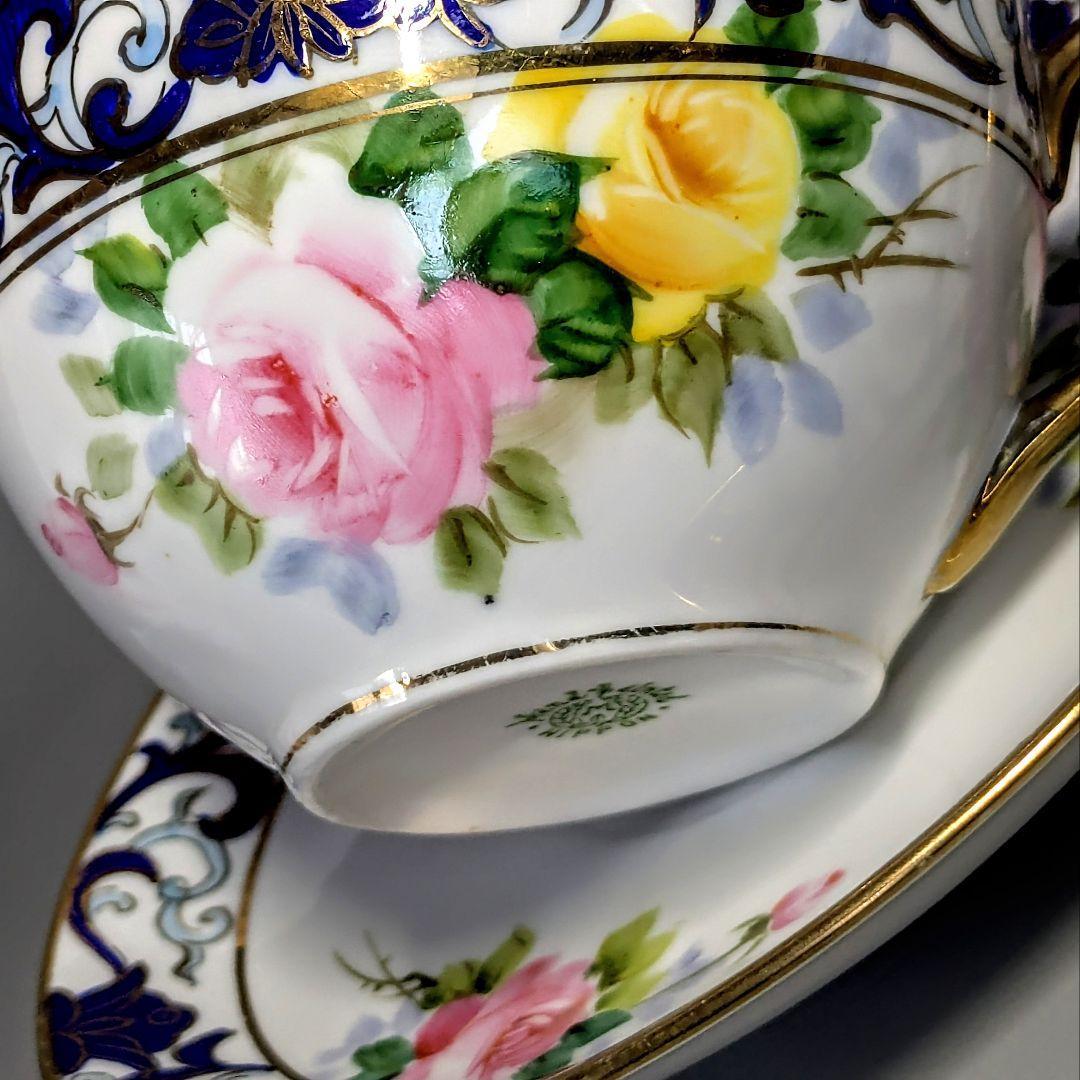 オールドノリタケ銘品!! 金彩藍帯薔薇図紋　キャビネットカップ＆ソーサー