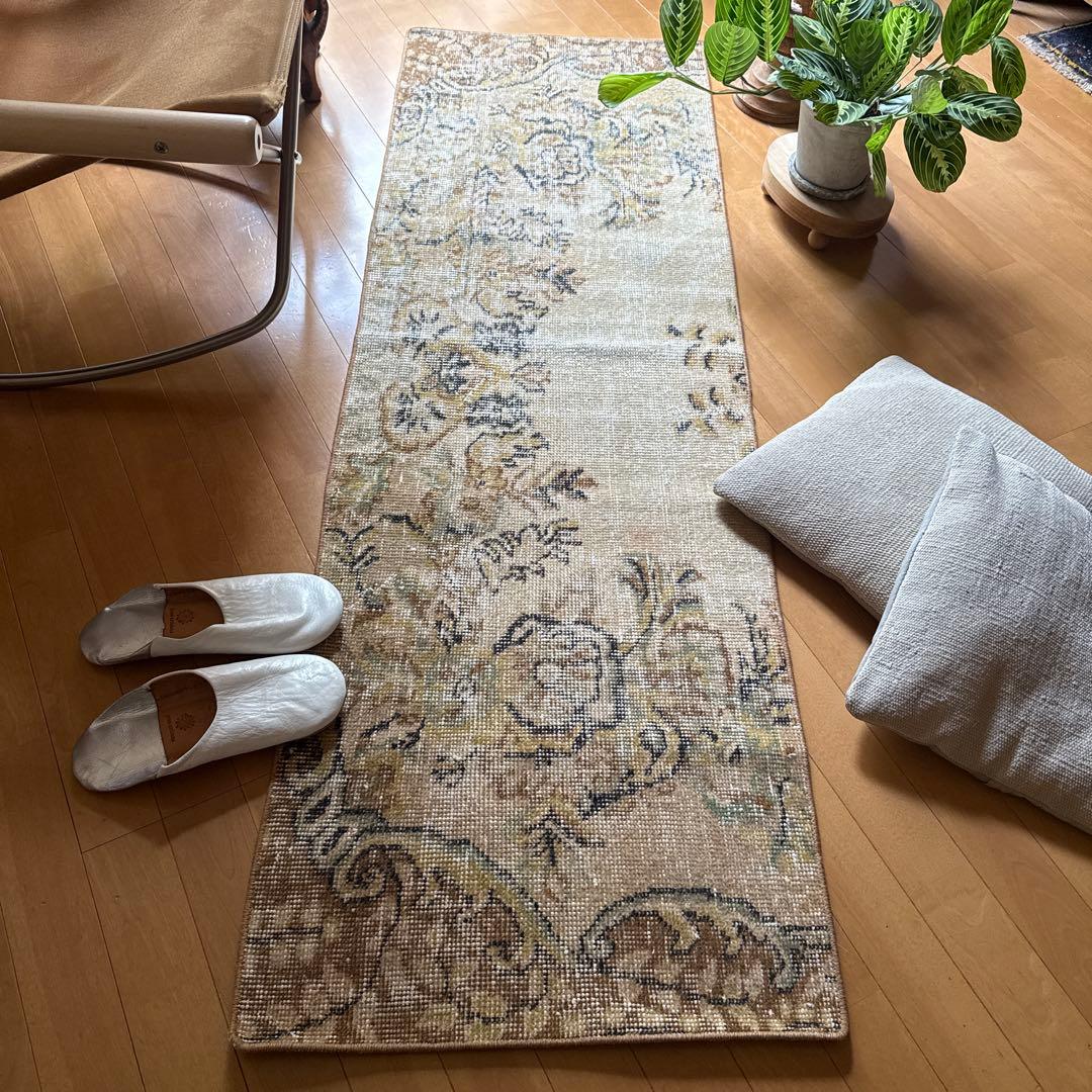 54×165 ロングランナーラグ　ベージュボタニカル　トルコヴィンテージラグ