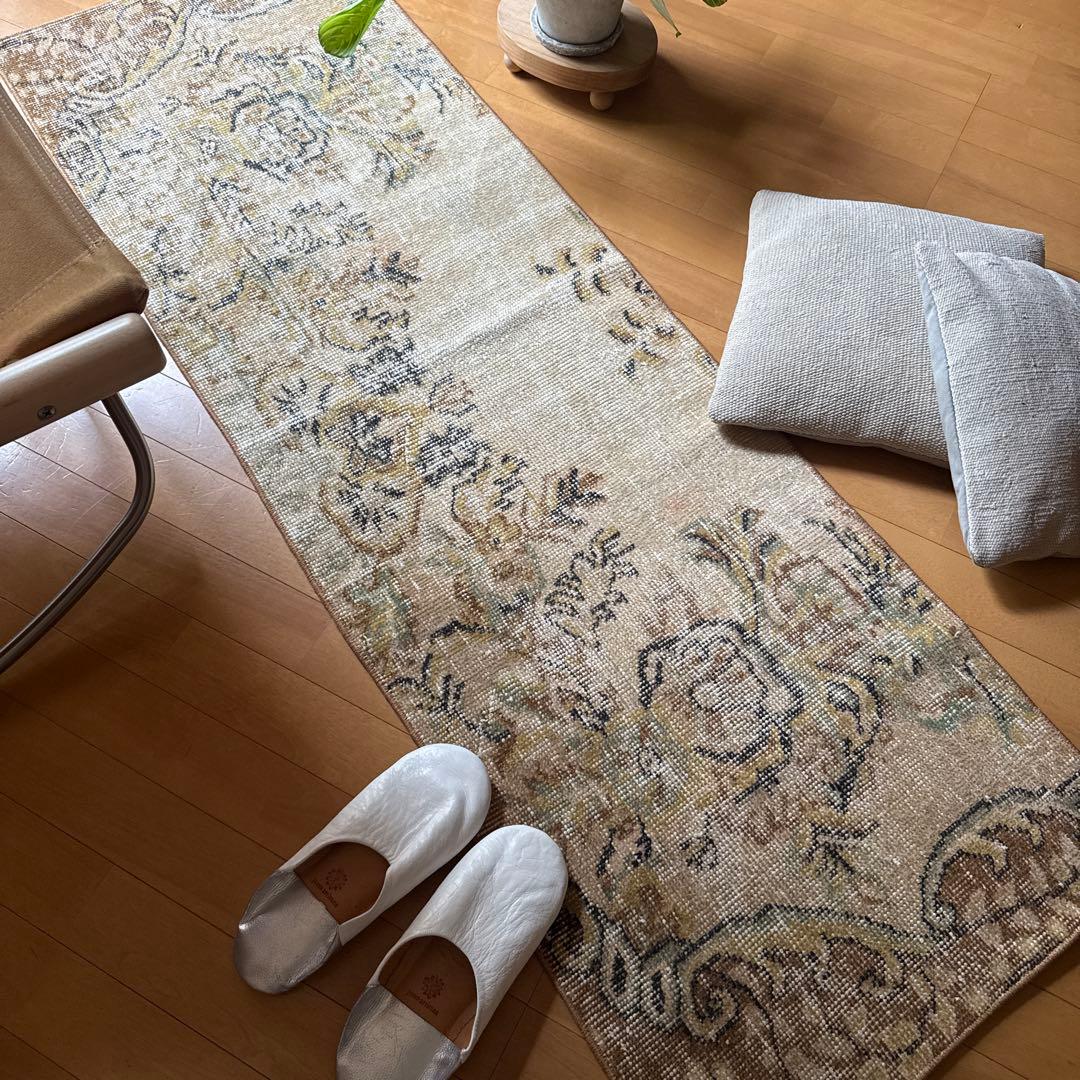 54×165 ロングランナーラグ　ベージュボタニカル　トルコヴィンテージラグ