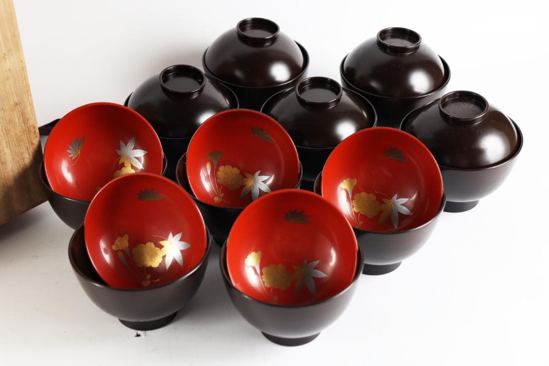 平安 象彦 花蒔絵 黒喰吸物椀 十客