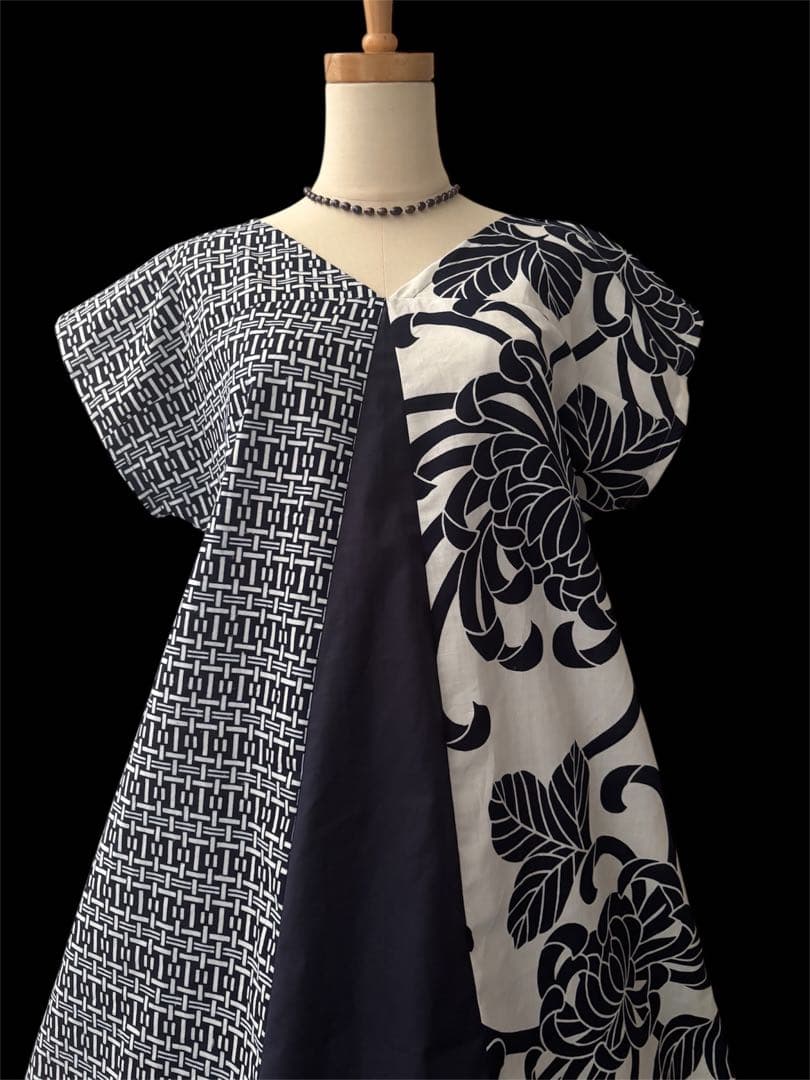 6Y39-⑤浴衣リメイク　ワンピース　ロング　ハンドメイド優雅Aライン　新品反物