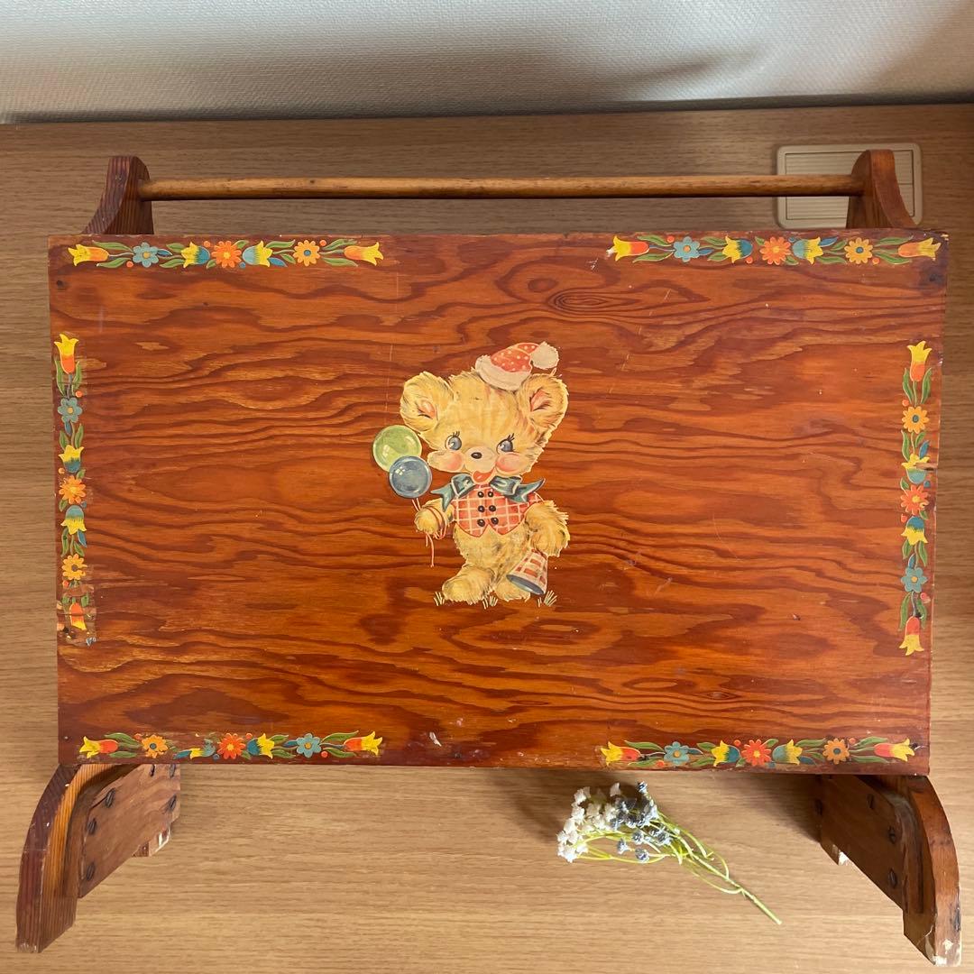 アメリカ購入　アンティーク　木製ラック レトロ　イラスト　本立て　ビンテージ